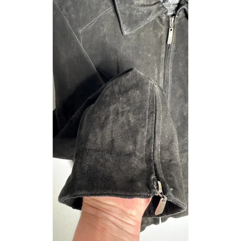 2000s Dennis Basso Washable Black Suede Leather Jacket zippered Cuffs Medium
